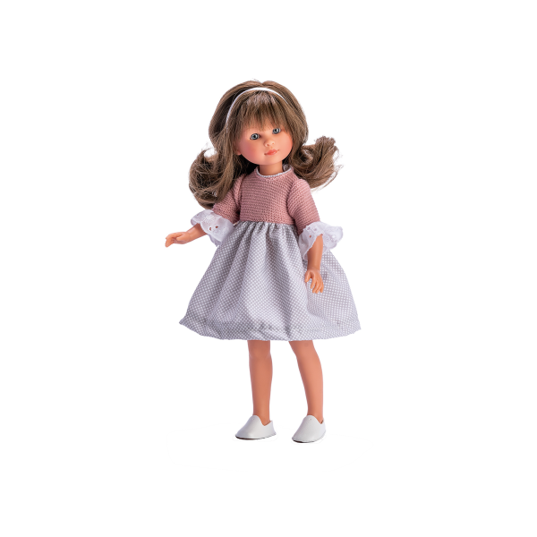 CELIA VESTIDO GRIS PUNTITOS BCO PECHERA ROSA