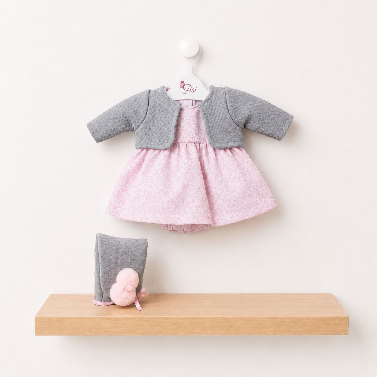 VESTIDO KOKE ROSA CON CHAQUETA GRIS