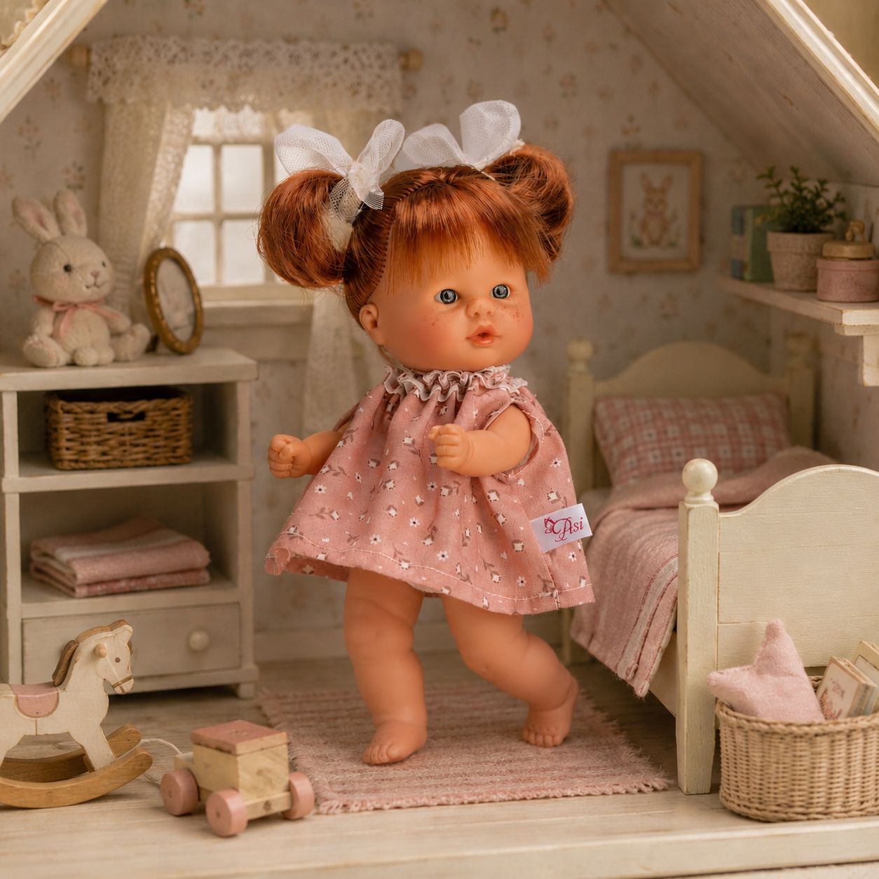 BOMBONCÍN VESTIDO ROSA FLOR BEIGE LAZOS COLETAS DE TUL BEIGE - Imagen 2
