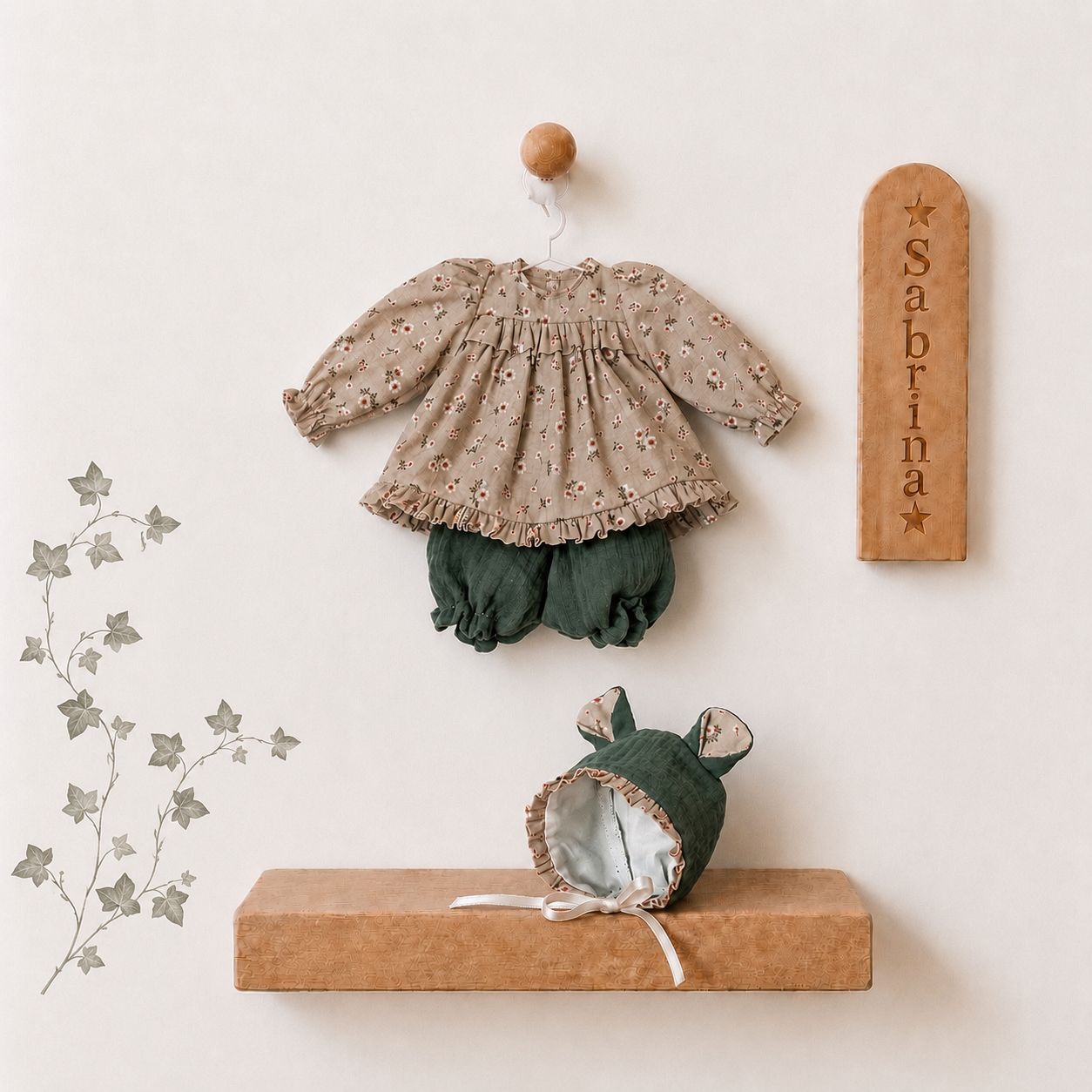 CONJUNTO SABRINA CAPOTITA OREJITAS FLORES VERDES